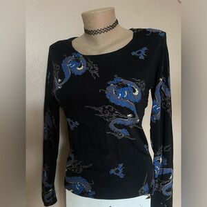 Y2k Grunge Black & Blue Dragon Long Sleeve Top